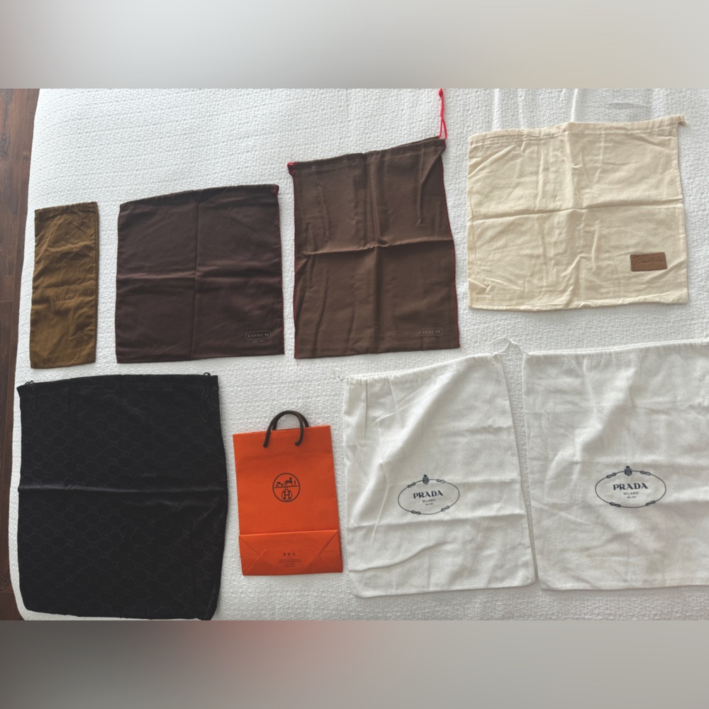 Luxury designer dust and shopping bags. Hermes, Prada, Gucci, Max Azria, Coach.